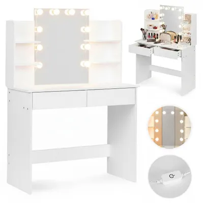 Image de Coiffeuse avec miroir LED, tiroirs, étagères et 3 modes d'éclairage