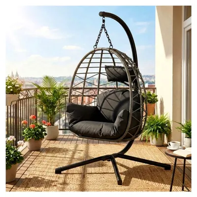 Produktbild von Hängesessel aus Rattan mit Metallgestell – klappbar, wetterfest, bis 150 kg belastbar, inklusive schwarzer Abdeckung – Ei-Schaukelstuhl für Garten, Balkon, Terrasse – Graues Rattan