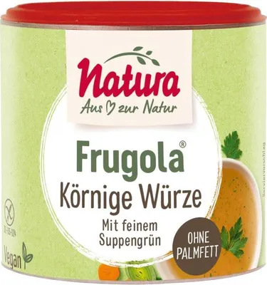 A product shot of a can of Natura Frugola with a green background and a circular graphic in the center.