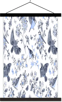 Produktbild von MuchoWow® Textilposter Blumen - Vogel - Blau 60x90 cm mit schwarzem Rahmen - Poster Wohnzimmer