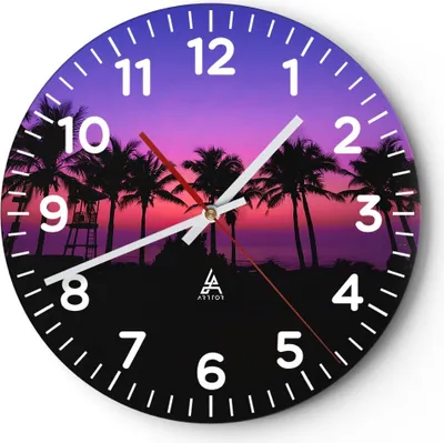 Produktbild von Wanduhr - Rund - Glasuhr - Sonnenuntergang dämmerung sonne palme - 40x40cm - Schleichendes Uhrwerk - Lautlos - zum Aufhängen bereit - Dekoration Modern - Wanddekoration aus Glas - C4AR40x40-2788