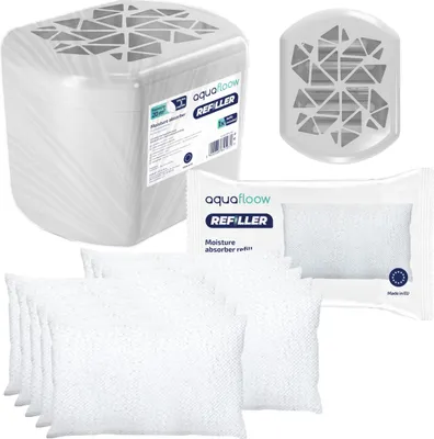 Image de Aquafloow Refiller absorbeur d'humidité 250g en blanc + 9x cartouches d'absorbeur | Absorbeur d'humidité pour appartements, voitures