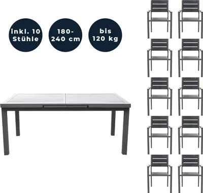 A table and ten chairs are displayed against a white background, with circular icons indicating product features.