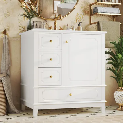 Produktbild von Flieks Waschbeckenunterschrank mit Keramikwaschbecken & Goldgriffen, Badezimmerschrank mit Überlaufloch & viel Stauraum, 76.5x47x87.5cm, Weiß