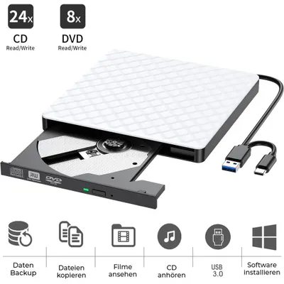 Produktbild von Externes CD DVD Laufwerk USB 3.0 Brenner Tragbarer DVD Player Reader Plug und Play für PC Laptop Windows 11 10 Mac OS Linux