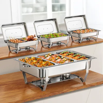 Zdjęcie produktu dla Warmounts zestaw 4 prostokątnych podgrzewaczy do bufetu 7.6L (8QT), podgrzewacze do żywności z polerowanej stali nierdzewnej, składane, do układania w stosy, na przyjęcia i catering