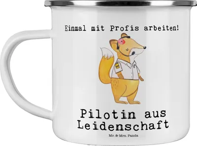 Produktbild von Mr. & Mrs. Panda Emaille Becher Pilotin Leidenschaft - Weiß - Geschenk, Lustig, Tasse, Campingtasse, Teetasse, Flugzeug, Cockpit, Witzig, Spruch