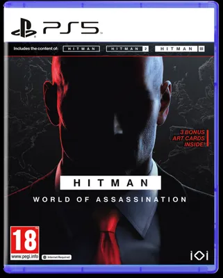 The image shows the front cover of the Hitman World of Assassination game for PlayStation 5.