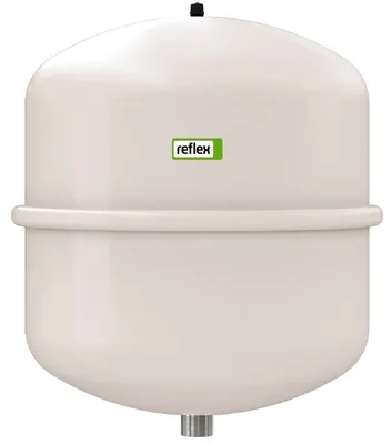 A white expansion vessel with a gray fitting at the bottom and a green logo on the side.