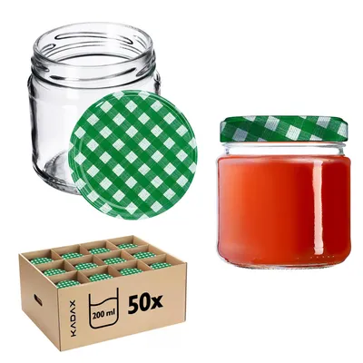 A collage of glass jars, some filled with red contents, and a cardboard box containing multiple jars.
