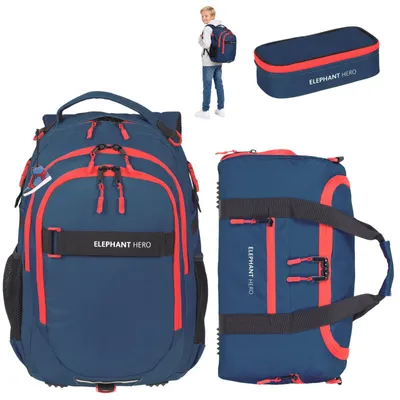 Produktbild von Schulrucksack 3 Teile Set Elephant Hero Signature Rucksack Jungen Schule Schulmappe Schultasche Laptopfach Sporttasche Box 13805 Solid Blau Rot +rsm