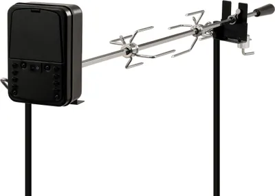 A black electric rotisserie spit with two forks and a motor unit, mounted on black stands, against a white background.