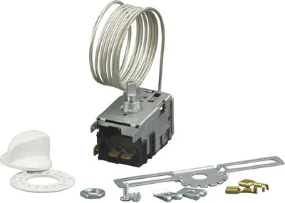 A thermostat with a coiled capillary tube and various accessories, including a knob and connectors, laid out on a white background.