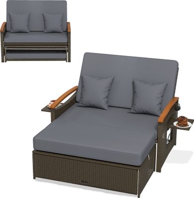COSTWAY 3in1 Rattan Lounge Möbel Set, Gartenmöbel Doppelliege Gartensofa, Sofa 2 Sitzer mit Hocker, verstellbarer Rückenlehne & Stauraum, Grau