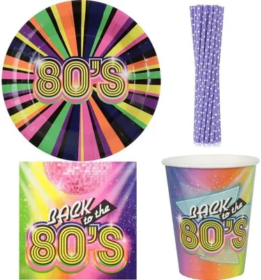 Produktbild von Einweggeschirr für eine 80er Jahre Party – Deko Set mit Tellern, Bechern und Servietten