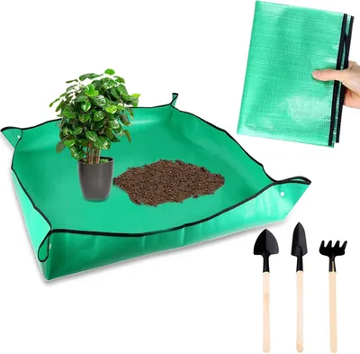 Produktbild von Pflanzmatte faltbar 100 x 100 cm, wasserdichtes Polyethylen, mit 3-teiligem Gartenwerkzeug, zum Umtopfen