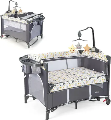 Produktbild von Reisebett mit Matratze, 5 in 1 Beistellbett Baby mit Rollen & Wickelauflage & Spieluhr, 110×76cm Babybett mit Tragetasche, Stubenwagen für Neugeborene & Baby (Bunt)