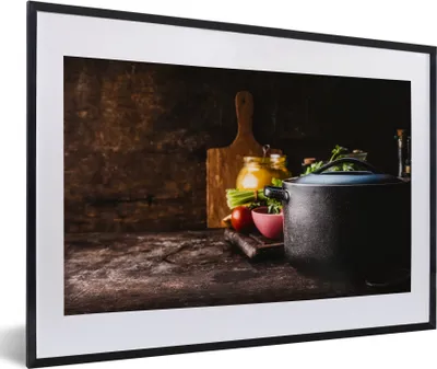 Produktbild von MuchoWow® Gerahmtes Poster Rustikal - Stilleben - Pfanne - Gemüse 60x40 cm - Poster mit Schwarzem Bilderrahmen Wandposter Rahmen Foto Bilder - Schlafzimmer - Plakat in Rahmen - Drucken