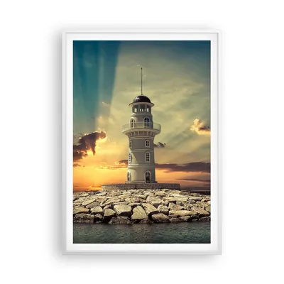 Produktbild von Gerahmtes Poster - Weißer Rahmen - Leuchtturm Wasser Meer Steine - 70x100 cm - Wand Bild - Wanddeko - Wandbilder - Wandposter - Bilderrahmen - Bilder - Kunstdruck - Wandbild - P2WPA70x100-2895