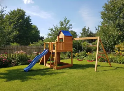 Produktbild von Fungoo Treehouse Spielplatz mit Spielhaus, Rutsche, Doppelschaukel, Kletterwand