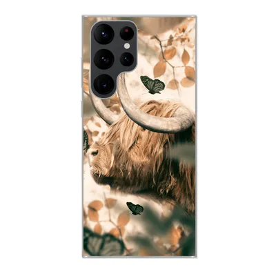 Produktbild von MuchoWow® Handyhülle Schutzhülle Hülle für Samsung Galaxy S22 Ultra Schottische Highlander - Schmetterlinge - Blätter Silikon Softcase Handy Hülle - Abbildung