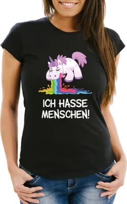 Produktbild von Damen T-Shirt Spruch Ich hasse Menschen kotzendes Einhorn Frauen Fun-Shirt lustig Moonworks® schwarz 3XL