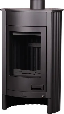 A studio shot of a black wood-burning stove.