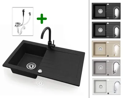 Produktbild von Granitspüle 76x44 cm mit Schwarzer Armatur – Küchenspüle aus Granit, Einbauspüle Eckig, Beidseitig Montierbar, Spülbecken inkl. Siphon Set, Für 45 cm Unterschrank, Kratzfest & Hitzebeständig : Schwarz