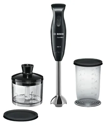 A black Bosch hand blender with its accessories, including a chopper and a measuring cup, arranged on a white background.