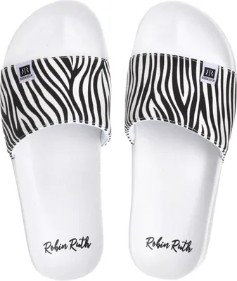 Produktbild von Robin Ruth Damen Slipper Sandale mit flacher Sohle - Badeschuhe Badelatsche in Weiß-Schwarz Größe 42/43