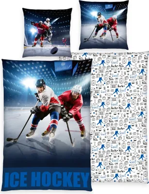 A collage of ice hockey themed bedding products, including pillowcases and a duvet cover.