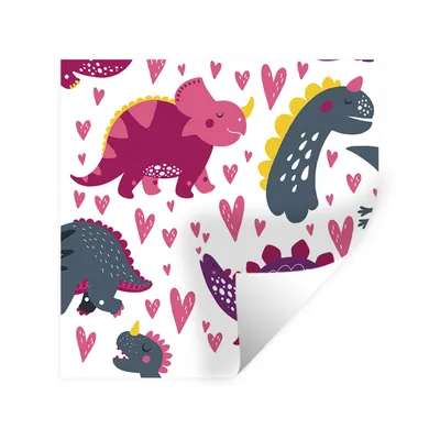 Produktbild von MuchoWow® Wandtattoo Wandsticker Wandaufkleber Dino - Herz - Muster - Rosa - Mädchen - Dinosaurier 80x80 cm Selbstklebend und Repositionierbar - Wierderverwendbar - Selbstklebend