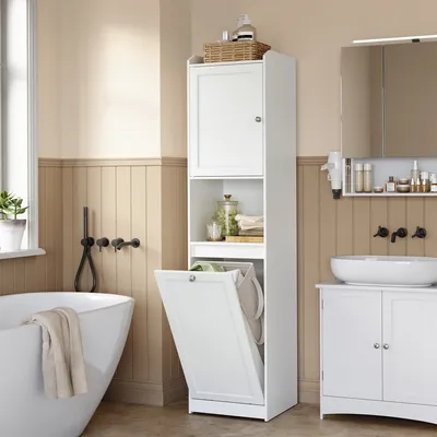 Produktbild von VASAGLE Badezimmerschrank mit Wäschekorb, hoher Badschrank, herausnehmbarer Wäschesack mit Griffen, mit Tür, verstellbare Ablage, 40 x 40 x 170 cm