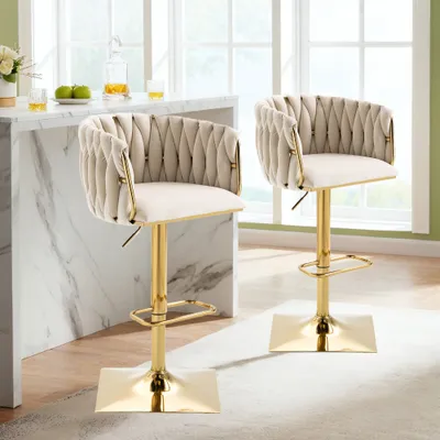 Produktbild von AIORBER Barhocker (2er Set), handgeflochten, höhenverstellbar, Gold Barhocker mit Fußstütze Edelstahlfuß, für Küche und Bar, 53x51x87m, Elfenbein