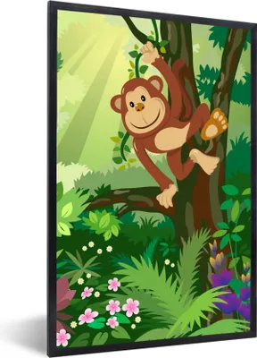 Produktbild von MuchoWow® Gerahmtes Poster Affe - Dschungel - Jungen - Mädchen - Blumen - Kinder 40x60 cm - Poster mit Schwarzem Bilderrahmen Wandposter Rahmen Foto Bilder - Papierdruck - Wandbilder