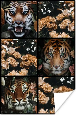 Produktbild von MuchoWow® Poster Collage - Tiger - Blumen 120x180 cm - Kunstposter