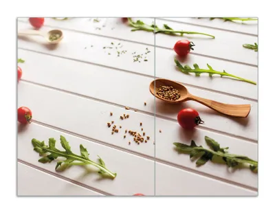 Produktbild von Wallario Herdabdeckplatte aus Glas, Größe 70 x 52 cm 2-teilig, Motiv Küche  Ruccola, Tomaten und Gewürze