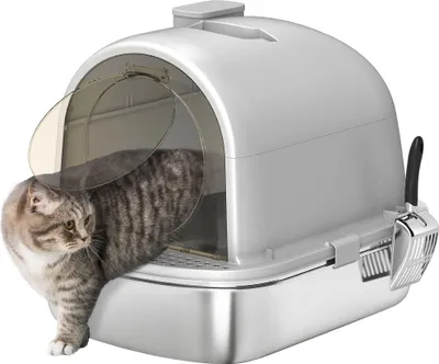 Produktbild von Katzentoilette - Mit Haube - Edelstahl - Deo-Beutel - Schaufel - Leicht zu reinigen - 52,4×41,3×39,9 cm - Weiß