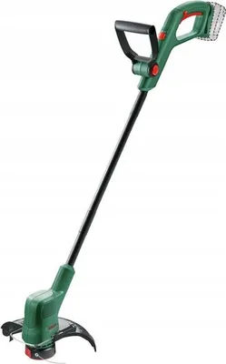A green and black cordless grass trimmer is shown against a white background.