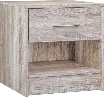 A standalone image of a wooden nightstand with a drawer and an open shelf.