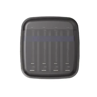 A battery charger with multiple slots for batteries.