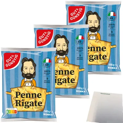 Produktbild von Gut & Günstig Nudeln Penne Rigate Pasta aus Italien 3er Pack (3x500g Beutel) + usy Block