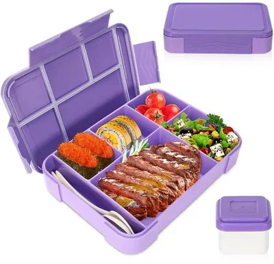 Zdjęcie produktu dla Ibenzoa® Bento-Lunchbox 1330 ml – szczelna, z 6 przegródkami, w tym pojemnikiem na sos 65 ml, wykonana z PP (bez BPA), z 4 zabezpieczeniami przed otwarciem przez dzieci, przegródką na sztućce, nadająca się do używania w mikrofalówce i zmywarce
