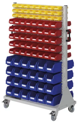 Produktbild von Mobile Stellwand - Schlitzwand für Sichtlagerkästen - beidseitig - mit 108 Kästen bestückt - 1.580 x 1.000 x 500 mm (HxBxT)