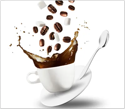Produktbild von Spritzschutz Herdabdeckplatte Schneidebrett aus Glas Kaffeetasse und Löffel 1-Teilig (60x52cm)