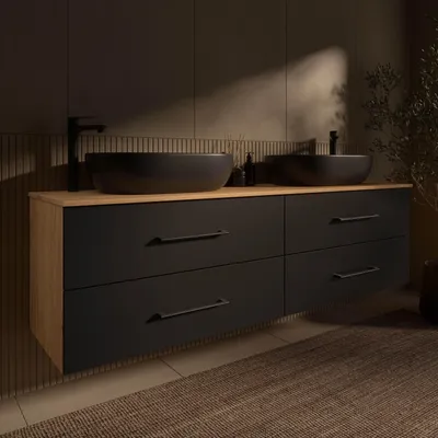 Produktbild von Planetmöbel LUX Badmöbel-Set Waschtisch mit Unterschrank  Gold Eiche/Anthrazit 180 cm hängend inkl. 2 Aufsatz-Waschbecken 60 cm schwarz