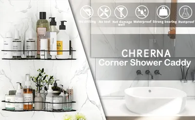 A split image showing two corner shower caddies filled with toiletries on the left, and a marketing graphic with text and a sink on the right.