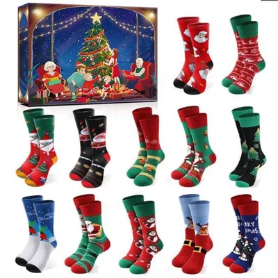 Immagine prodotto di Calendario dell'Avvento, calze natalizie, 12 paia, cotone, motivo: Babbo Natale e renna, colore: blu scuro