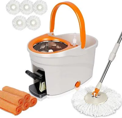 Immagine prodotto di Set di mocio Famanu con testina rotante a 360° - 145 cm - acciaio inossidabile - include 5 panni in microfibra