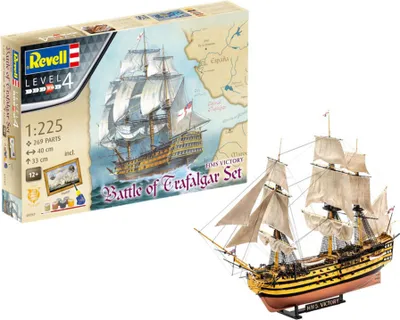 A model ship kit box and a completed model ship.